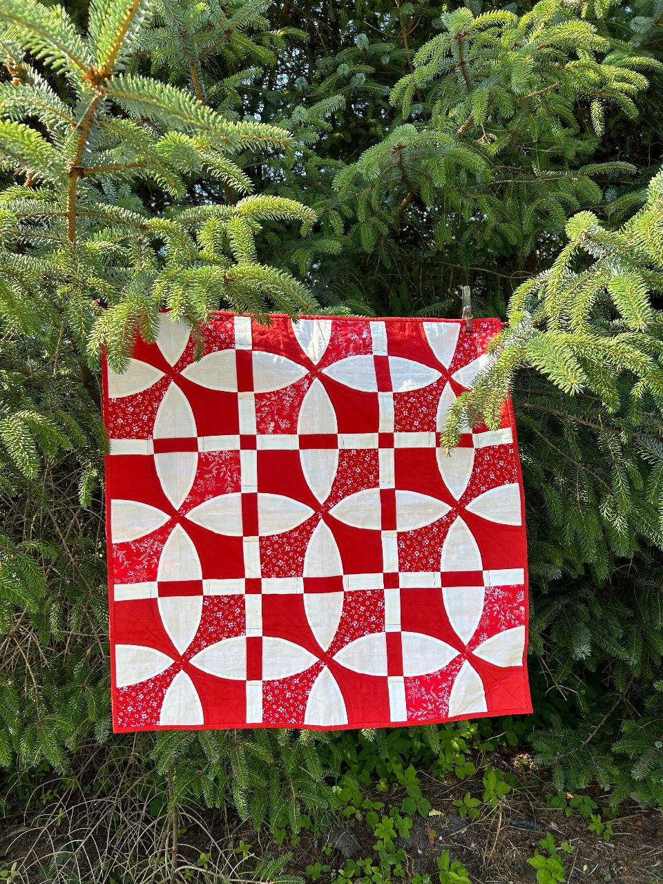 Bilde av et rød og hvit quilt. De hvilte feltene er applikerte og danner en sirkel